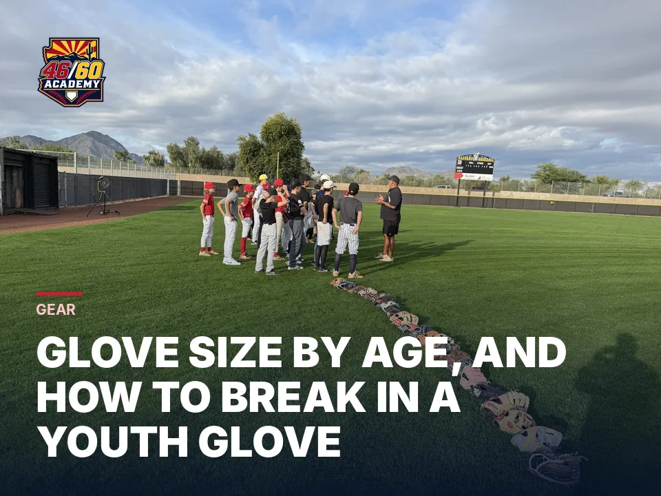 A long line of youth gloves on the grass at a 46/60 camp in Arizona