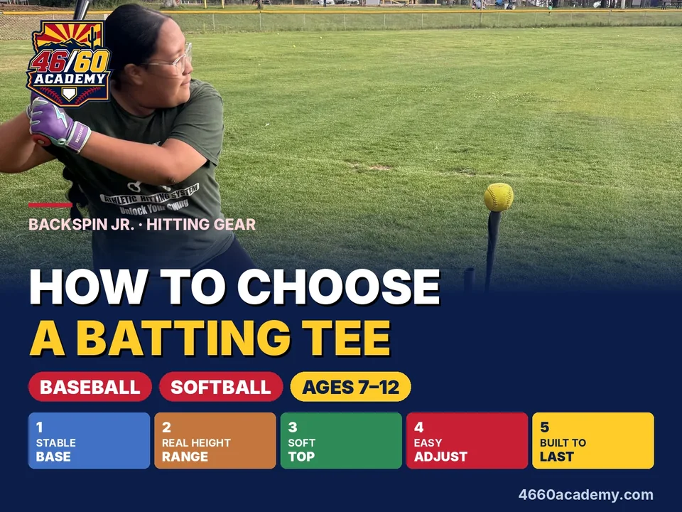 A young softball player loading at a batting tee on a grass field, with the title How to Choose a Batting Tee and the five things to look for.