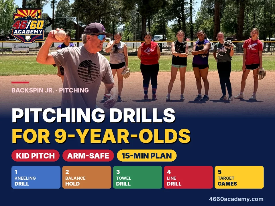 A coach demonstrating a throw to a line of young players, with the title Pitching Drills for 9-Year-Olds and the five drills listed.