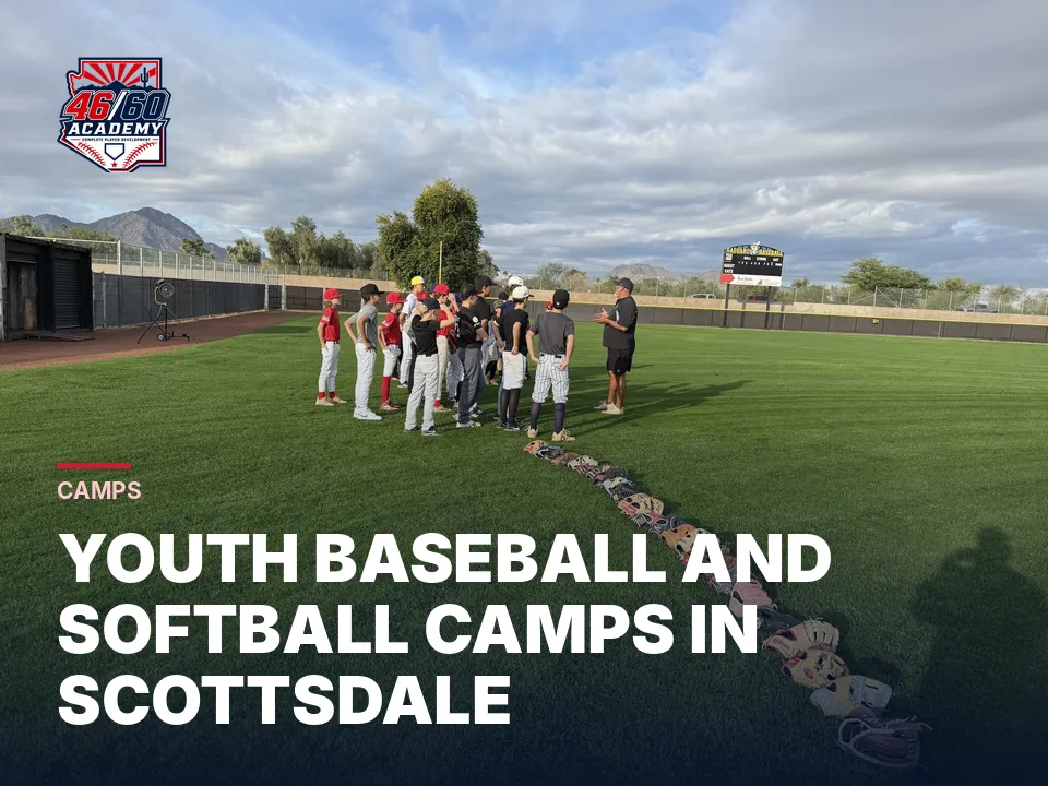 Young players with their gloves lined up at a Scottsdale camp