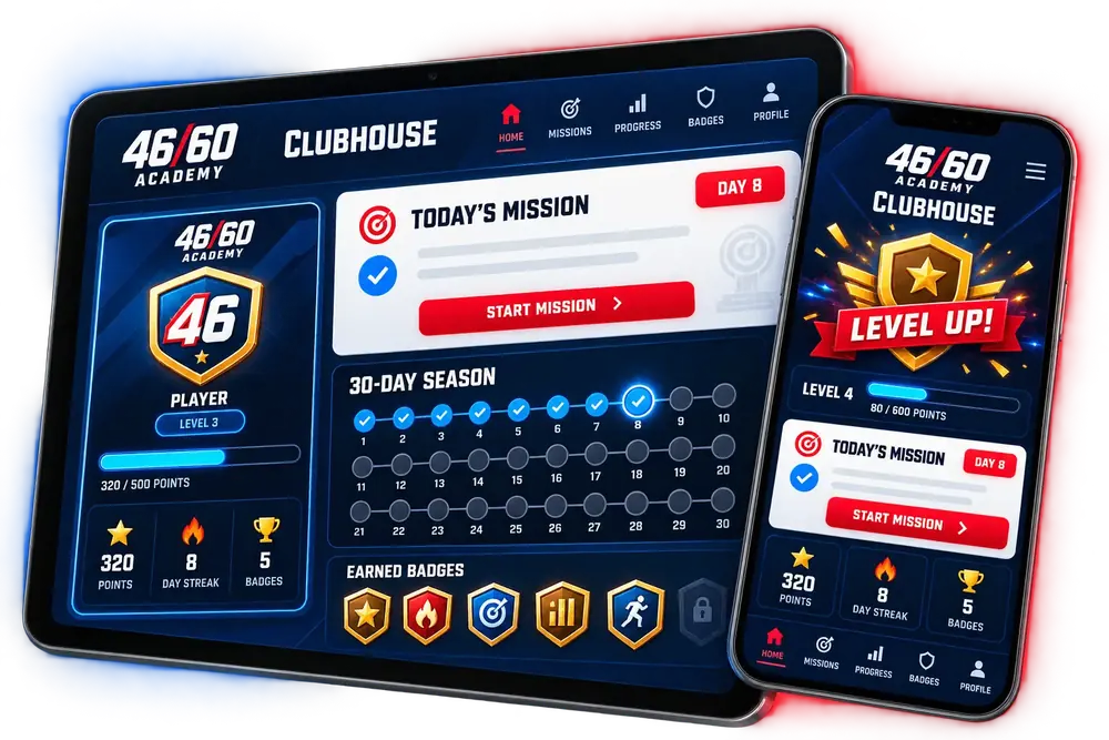 46/60 Academy Clubhouse on phone, tablet and computer with daily missions, badges and a 30-day path
